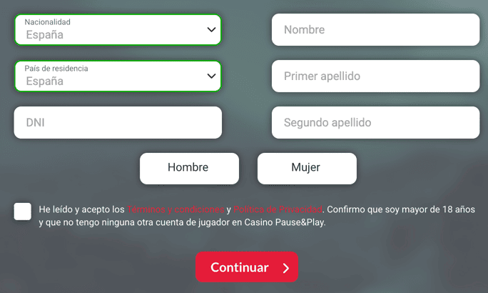 Registration at Pause And Play casino